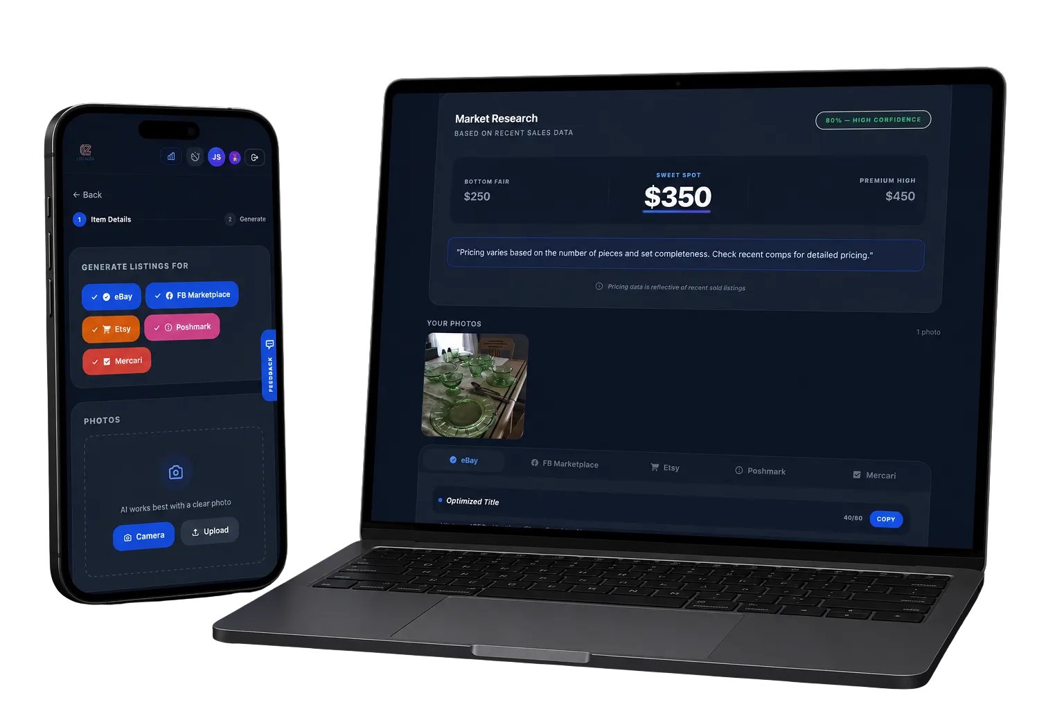 Listaza app showing AI-generated marketplace listings
on mobile and desktop